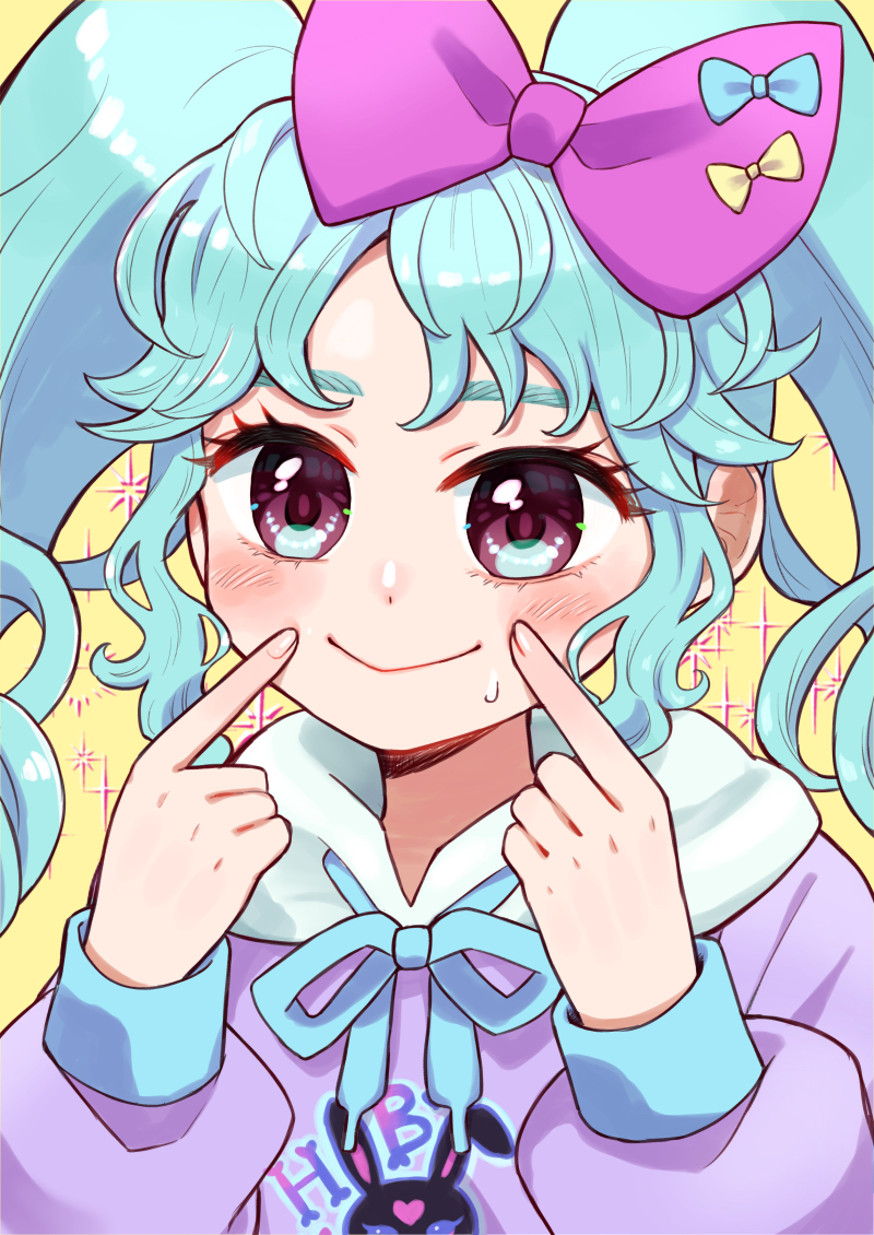 1girl blue_hair blue_ribbon blush bow closed_mouth fingers_to_cheeks hair_bow hands_up hood hoodie idol_land_pripara index_fingers_raised jinno_(jin_c_kkry) katasumi_amari long_hair long_sleeves looking_at_viewer nervous_smile pink_bow pretty_series pripara purple_eyes purple_hoodie ribbon smile solo sweater twintails upper_body yellow_background