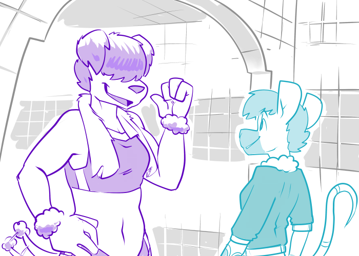 2022 anthro canid canine canis casey_(moot_point) clothed clothing crop_top delilah_(moot_point) domestic_dog duo female hair hair_over_eyes hand_on_hip mammal moot_point mouse murid murine open_mouth open_smile poodle rodent shirt smile story story_in_description topwear toxoglossa