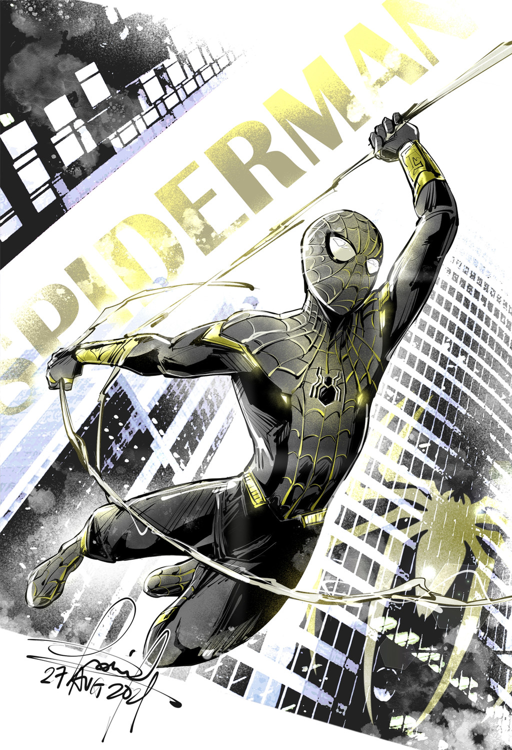 1boy animal_print artist_name bodysuit cityscape english_text greyscale_with_colored_background highres male_focus marvel simple_background solo spider-man spider-man_(series) spider_print superhero_costume swinging zee_delgado