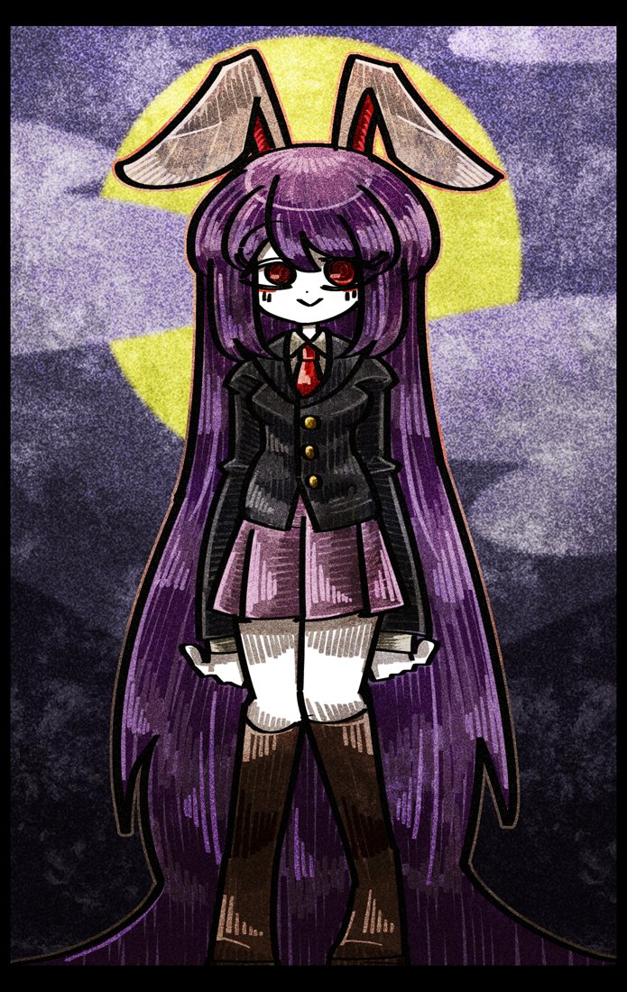 1girl :&gt; animal_ears black_jacket boots brown_footwear buttons cloud cloudy_sky collared_shirt full_moon jacket long_hair long_sleeves looking_to_the_side moon necktie night night_sky pale_skin purple_hair purple_skirt rabbit_ears rabbit_girl red_eyes red_necktie reisen_udongein_inaba shirt skirt sky smile suenari_(peace) thigh_boots touhou very_long_hair white_fur white_shirt
