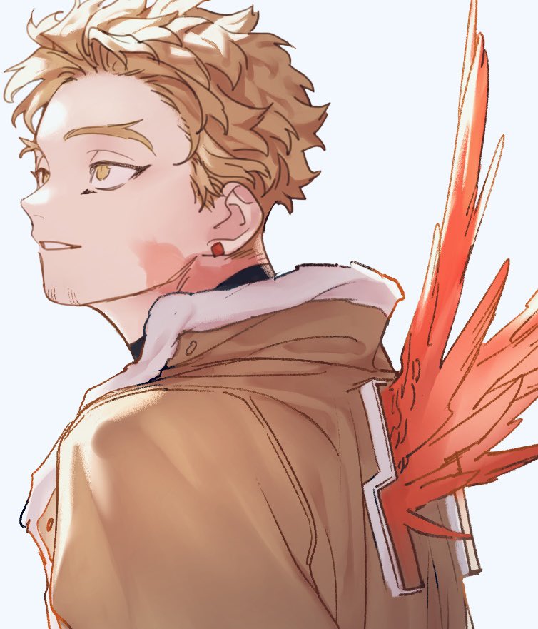 1boy blonde_hair boku_no_hero_academia brown_eyes brown_jacket earrings facial_hair from_side fur-trimmed_jacket fur_trim goatee_stubble hawks_(boku_no_hero_academia) jacket jewelry male_focus parted_lips pon52io red_wings short_hair simple_background solo stubble upper_body white_background wings