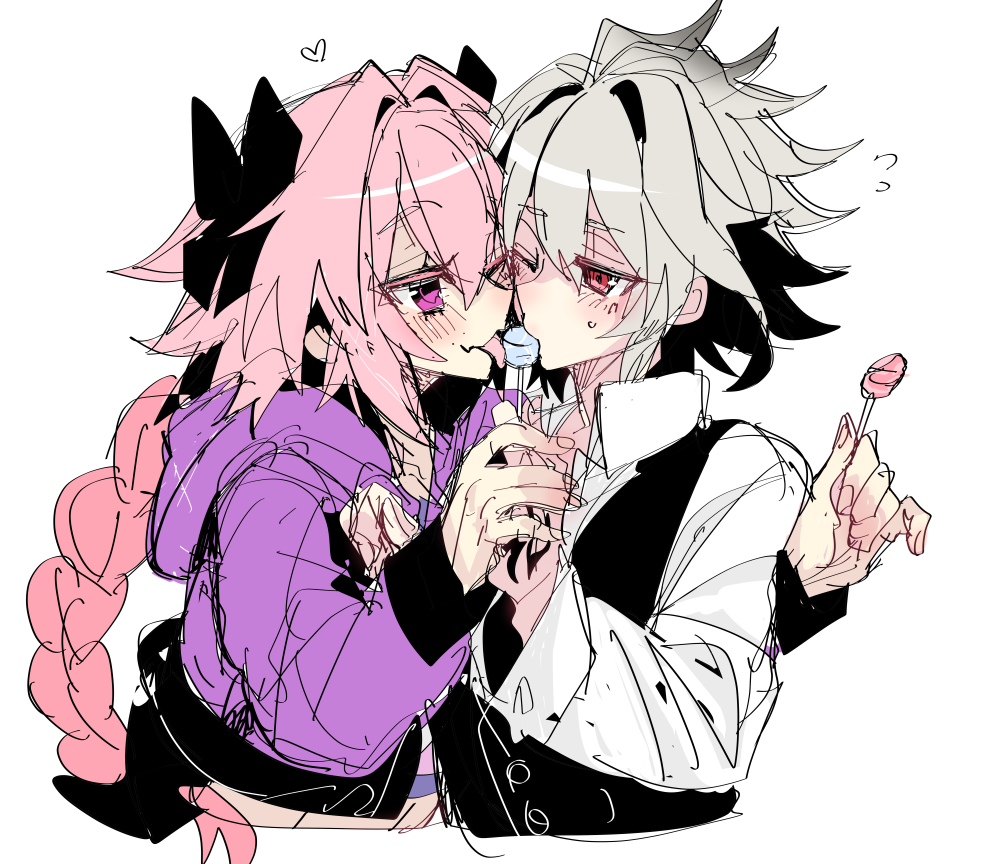 2boys astolfo_(fate) astolfo_(memories_at_trifas)_(fate) black_bow black_vest blush bow braid buttons candy cheek-to-cheek command_spell dress_shirt fang fate/apocrypha fate_(series) flying_sweatdrops food grey_hair hair_between_eyes hair_bow hair_intakes haoro heads_together heart holding holding_candy holding_food holding_hands holding_lollipop hood hooded_jacket jacket licking lollipop long_braid long_hair male_focus multiple_boys one_eye_closed purple_eyes purple_jacket red_eyes sharing_food shirt short_hair sieg_(fate) simple_background single_braid skin_fang smile sweatdrop tongue tongue_out upper_body vest white_background white_shirt yaoi