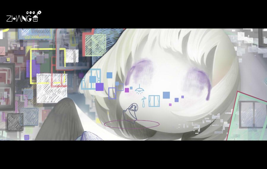 1girl 49_male abstract bob_cut ceiling_light chibi chibi_inset circle_name colored_skin commentary_request expressionless floating grey_background letterboxed multiple_views no_mouth original portrait purple_eyes robe short_hair square white_hair white_skin window