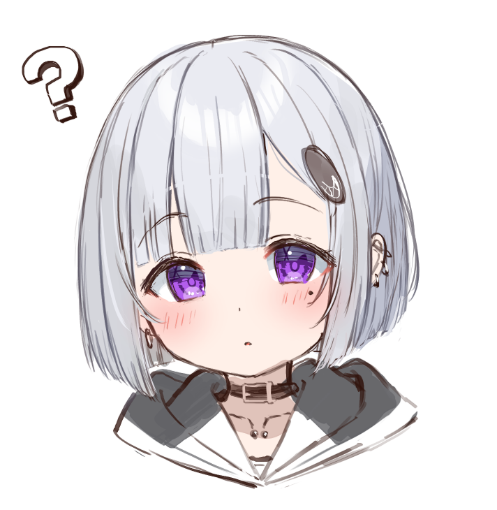 1girl :o ? black_collar blush collar collarbone collarbone_piercing commentary ear_piercing ena_(tsukiman) grey_hair hair_ornament hood hood_down looking_at_viewer mole mole_under_eye original parted_lips piercing portrait purple_eyes short_hair simple_background solo symbol-only_commentary tsukiman white_background