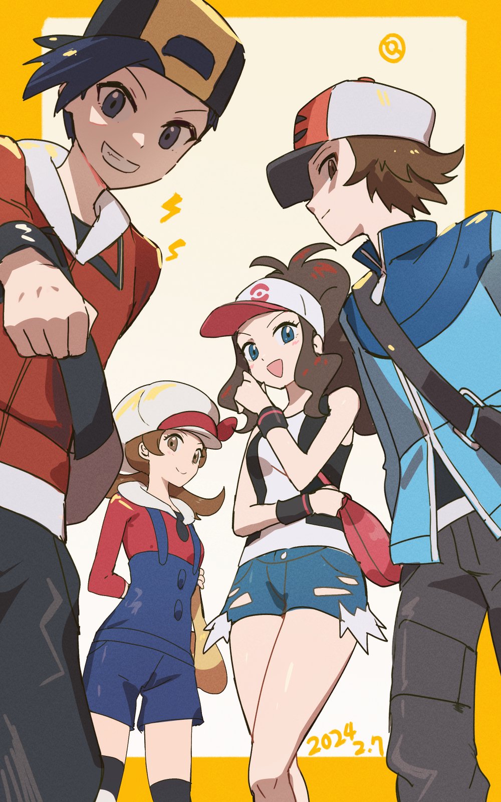 2024 2boys 2girls :d backwards_hat bag baseball_cap black_hair blue_eyes blue_overalls blue_shorts border brown_eyes brown_hair clenched_hand closed_mouth dated denim denim_shorts ethan_(pokemon) eyelashes grey_pants handbag hat highres hilbert_(pokemon) hilda_(pokemon) holding holding_bag hsin lightning_bolt_symbol lyra_(pokemon) multiple_boys multiple_girls outside_border overalls pants poke_ball_print poke_ball_symbol pokemon pokemon_hgss print_headwear reaching reaching_towards_viewer shaded_face short_hair short_shorts shorts shoulder_bag simple_background smile standing teeth white_background yellow_bag yellow_border