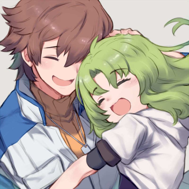 1boy 1girl :d auru_t blue_jacket brown_hair closed_eyes commentary_request curtained_hair eiyuu_densetsu green_hair grey_background hand_on_another's_head hug jacket jewelry kea_(eiyuu_densetsu) lloyd_bannings long_hair multicolored_clothes multicolored_jacket necklace open_mouth short_hair simple_background smile sweater two-tone_jacket white_jacket yellow_sweater zero_no_kiseki
