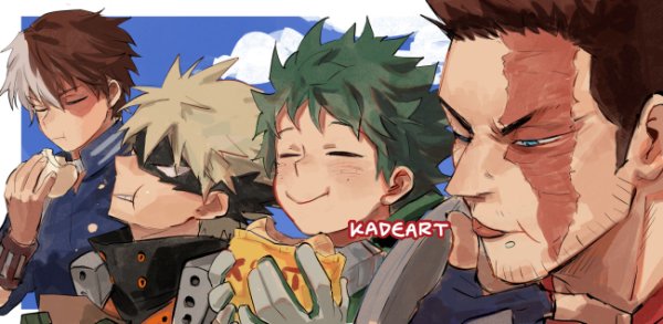 4boys :t artist_name bag bakugou_katsuki beard beard_stubble black_mask blank_eyes blonde_hair blue_eyes blush boku_no_hero_academia burn_scar cheek_bulge chewing closed_eyes closed_mouth cloud commentary day eating endeavor_(boku_no_hero_academia) eye_mask facial_hair finger_to_mouth food food_bite food_on_face freckles from_side full_mouth gloves green_gloves green_hair half-closed_eye hand_up hands_up happy holding holding_bag holding_food jpeg_artifacts kadeart licking licking_finger lineup male_focus midoriya_izuku mismatched_eyebrows multicolored_hair multiple_boys mustache mustache_stubble one_eye_closed outside_border paper_bag profile red_hair scar scar_across_eye scar_on_face short_hair side-by-side sideburns spiked_hair split-color_hair stubble thumb_to_mouth todoroki_shouto two-tone_hair upper_body white_hair