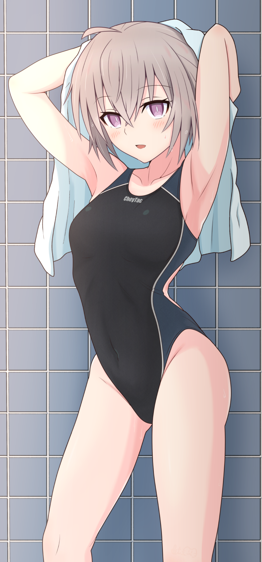 1girl ahoge bangs black_one-piece_swimsuit breasts contrapposto covered_navel feet_out_of_frame girls'_frontline gotoo grey_hair highleg highleg_swimsuit highres looking_at_viewer m200_(girls'_frontline) medium_breasts multicolored_clothes multicolored_swimsuit purple_eyes solo swimsuit tile_wall tiles towel towel_on_head