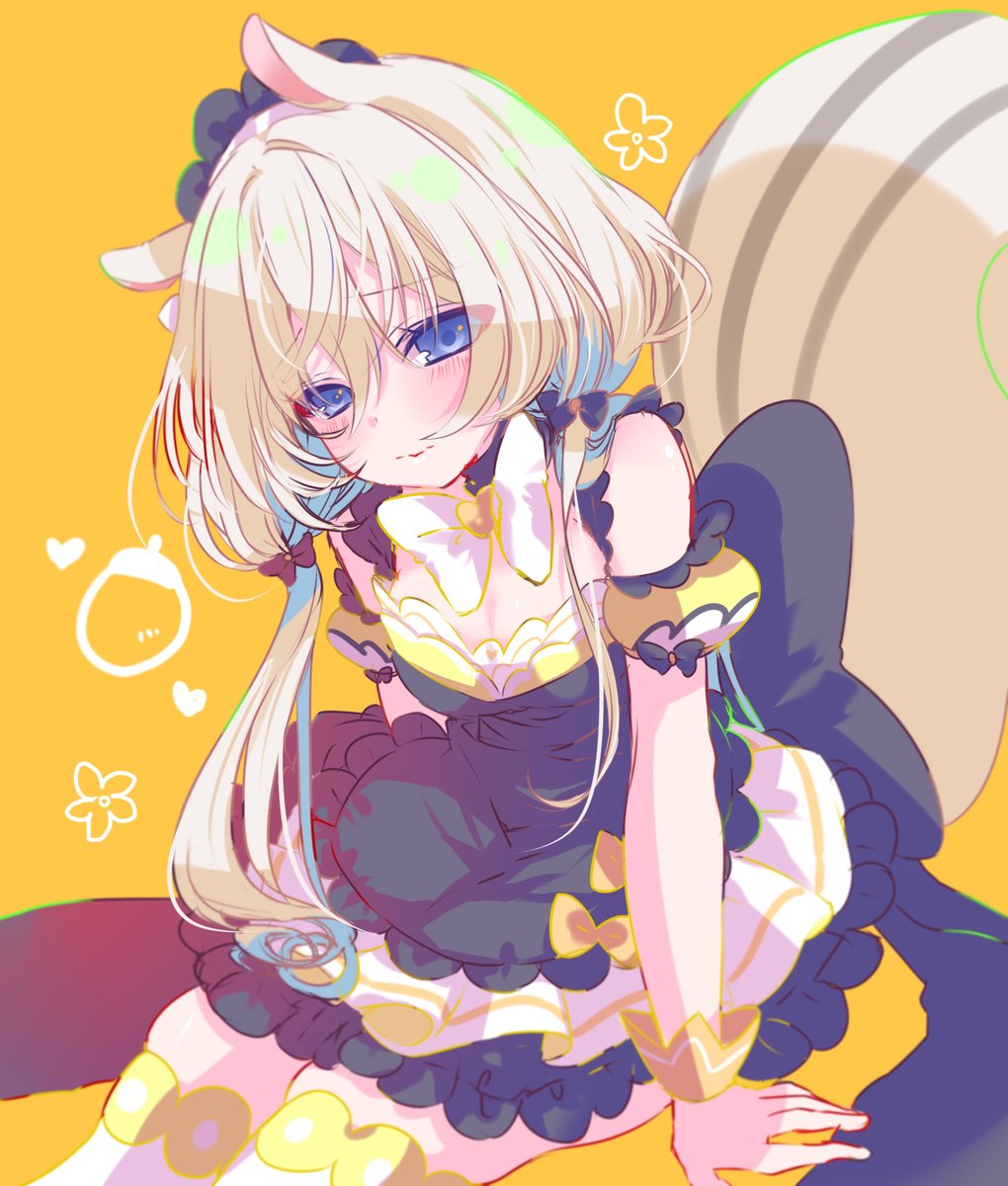 1girl animal_ears apron arms_at_sides assault_lily back_bow black_apron black_bow black_dress blue_bow blue_eyes blush bow bowtie breasts brown_hair cleavage closed_mouth commentary detached_sleeves dress feet_out_of_frame flower_(symbol) frilled_apron frills hair_bow heart highres kemonomimi_mode layered_dress looking_at_viewer low_twintails maid_headdress medium_breasts nari_(mokemokenari) nut_(food) official_alternate_costume puffy_detached_sleeves puffy_short_sleeves puffy_sleeves raised_eyebrows shiozaki_suzume short_sleeves simple_background sitting sleeve_bow sleeveless sleeveless_dress solo squirrel_ears squirrel_girl squirrel_tail tail thighhighs twintails two-tone_dress waist_apron white_bow white_bowtie white_dress white_hair white_thighhighs wrist_cuffs yellow_background