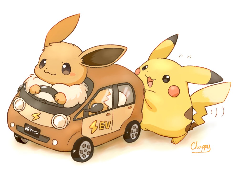 :3 :d artist_name black_eyes blush blush_stickers brown_eyes car character_name closed_mouth commentary driving eevee english_commentary flying_sweatdrops license_plate mimix motor_vehicle no_humans open_mouth paw_print pikachu pokemon pokemon_(creature) pushing signature simple_background smile steering_wheel white_background