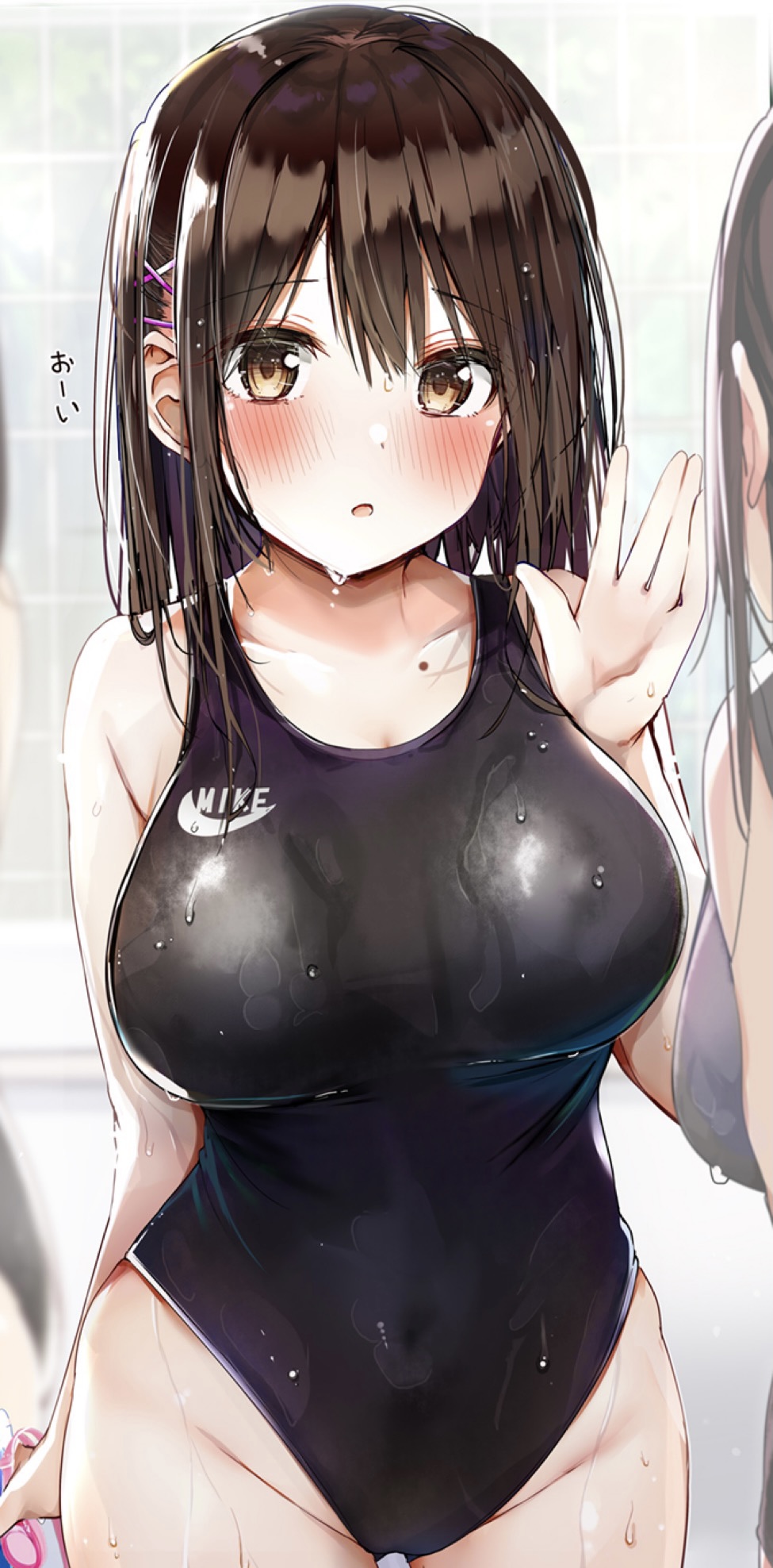 1girl black_one-piece_swimsuit blush breasts brown_eyes brown_hair commentary_request highres large_breasts looking_at_viewer mole mole_on_collarbone nike_(company) one-piece_swimsuit original revision rouka_(akatyann) short_hair solo_focus swimsuit translated wet