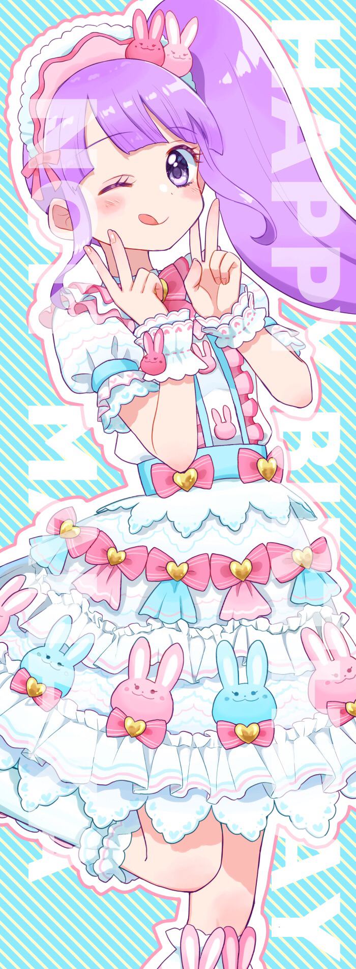 1girl ;q animal_print blue_background blunt_bangs character_name double_v dress frilled_dress frills hands_up happy_birthday highres jinno_(jin_c_kkry) lolita_fashion long_hair looking_at_viewer manaka_non one_eye_closed outline pretty_series pripara purple_eyes purple_hair rabbit_print side_ponytail smile socks solo standing standing_on_one_leg sweet_lolita tongue tongue_out v white_dress white_outline white_socks wrist_cuffs