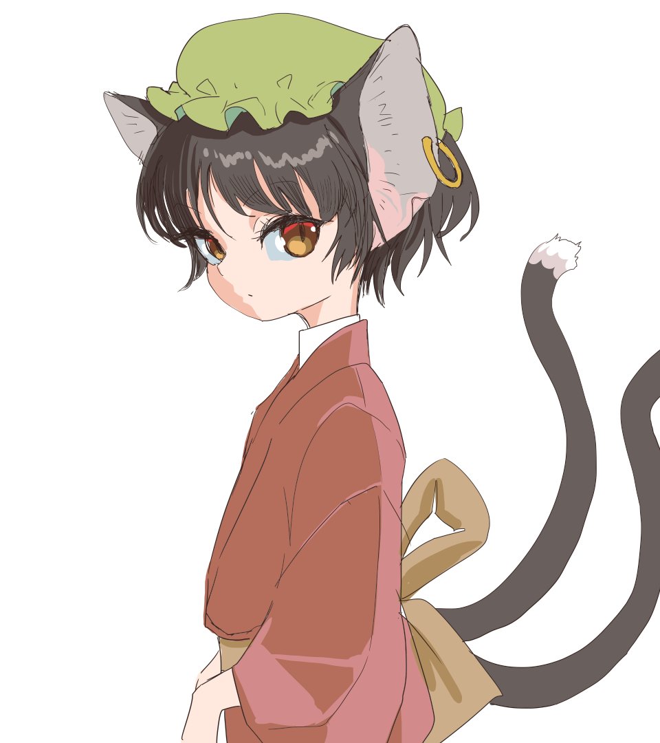 1girl alternate_costume animal_ear_piercing animal_ears brown_eyes brown_hair cat_ears cat_tail chen commentary_request earrings expressionless frills from_side green_headwear hat japanese_clothes jewelry kimono looking_to_the_side mob_cap multiple_tails nekomata petite red_kimono s-a-murai short_hair simple_background single_earring slit_pupils solo tail touhou two_tails upper_body white_background