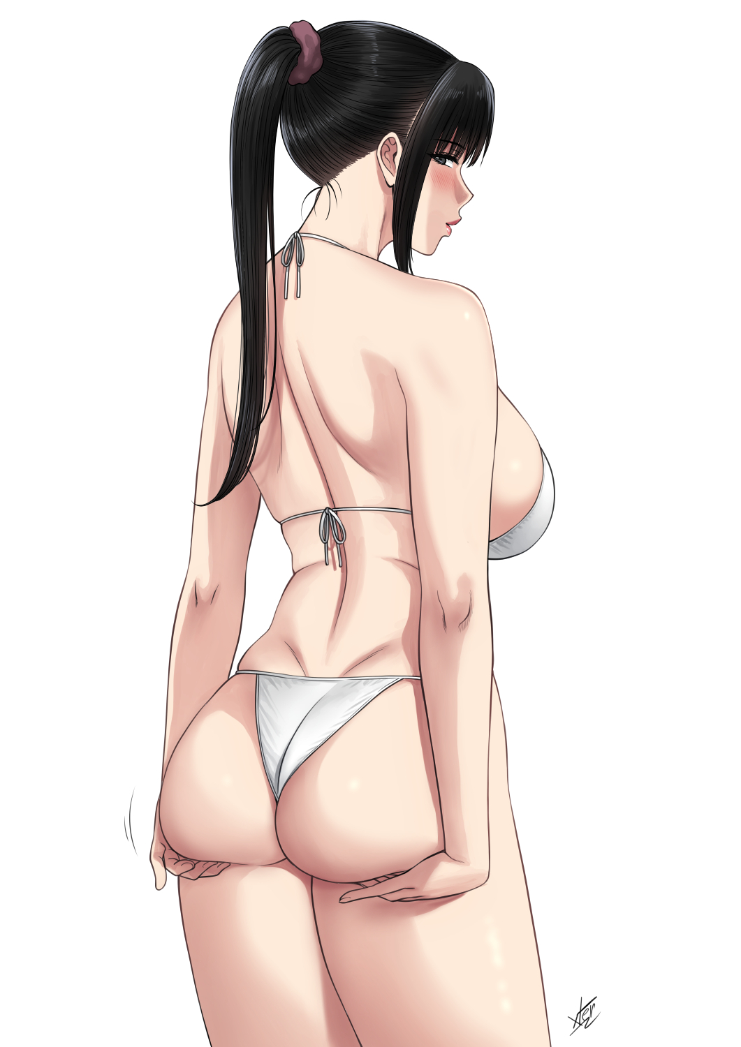 1girl ass ass_grab ass_lift bikini black_eyes black_hair blush breasts commentary cowboy_shot from_behind grabbing_own_ass hair_ornament hair_scrunchie halterneck highres large_breasts long_hair looking_at_viewer looking_back mature_female nush_(xter) original ponytail red_lips scrunchie sidelocks signature simple_background solo standing swimsuit symbol-only_commentary white_background white_bikini xter
