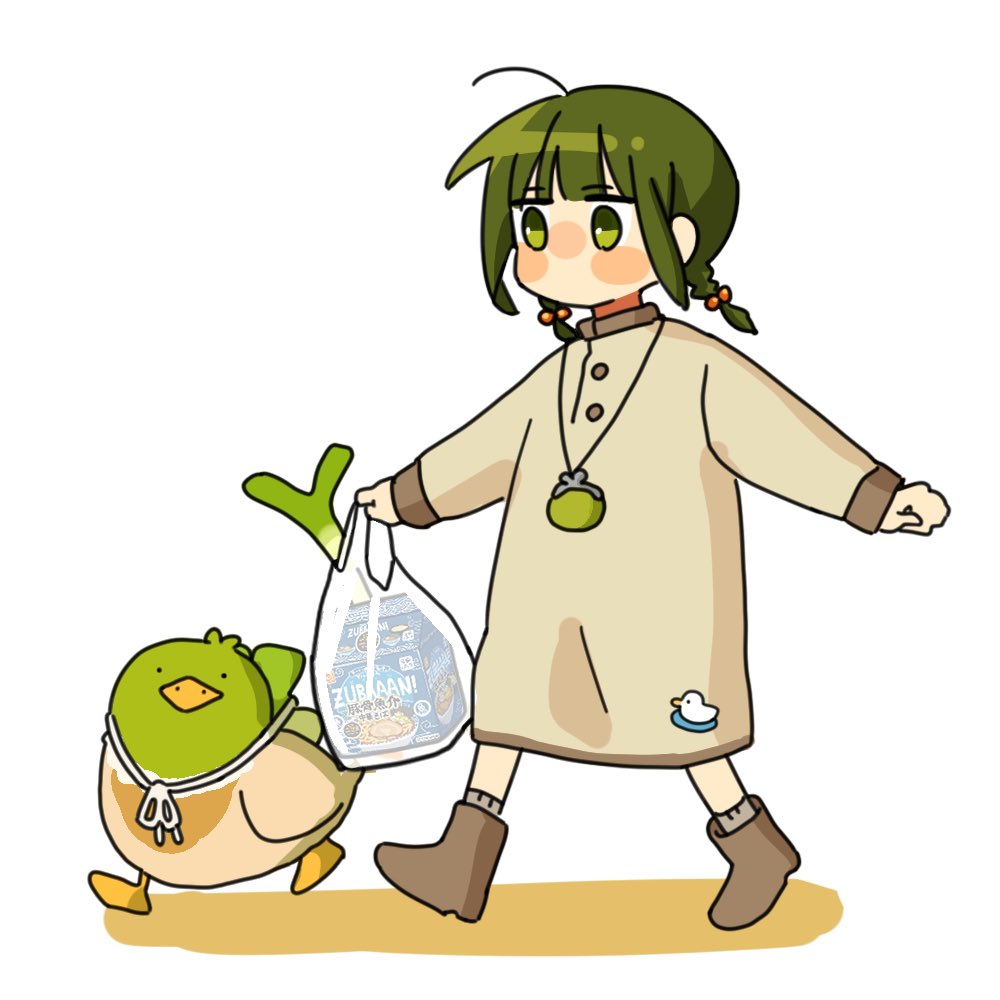 1girl bag bird boots brown_footwear buttons coin_purse collared_shirt fuu_(ozu_(oz_yarimasu)) green_eyes green_hair grey_socks guu_(ozu_(oz_yarimasu)) holding holding_bag jitome legs_apart long_sleeves looking_ahead low_twintails no_mouth original outstretched_arms ozu_(oz_yarimasu) plastic_bag product_placement shirt short_twintails simple_background smock socks solo twintails walking white_background white_shirt