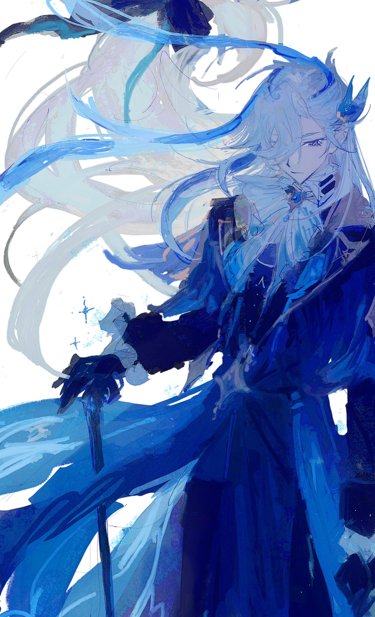 1boy ascot blue_coat blue_eyes blue_gemstone blue_hair brooch cane closed_mouth coat cowboy_shot frilled_sleeves frills gem genshin_impact highres holding holding_cane jewelry long_hair looking_down male_focus multicolored_hair neuvillette_(genshin_impact) nini9275 simple_background solo standing two-tone_hair white_background white_hair