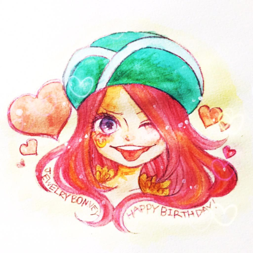 1girl anti-eyebrow_piercing aqua_headwear closed_eyes commentary_request floating_hair fur_collar happy_birthday hat heart jewelry_bonney long_hair mrnmikannn one_piece painting_(medium) pink_hair portait solo tongue tongue_out traditional_media watercolor_(medium)
