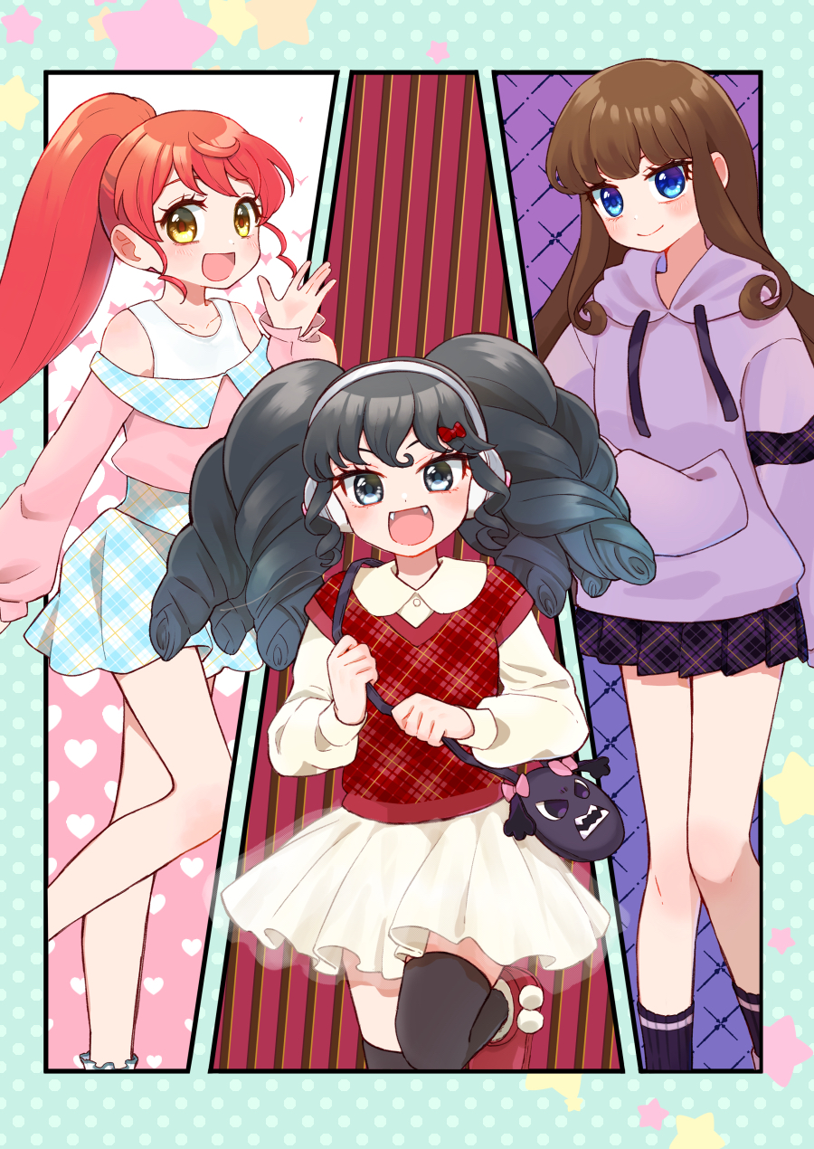 3girls :d bare_shoulders black_hair black_thighhighs blue_border blue_eyes blue_skirt border bow brown_hair casual character_print collared_shirt gaaruru_(pripara) gajira_(pripara) hair_bow hand_up headphones highres holding_strap hood hood_down hoodie jinno_(jin_c_kkry) kurosu_aroma long_hair long_sleeves looking_at_viewer multiple_girls off-shoulder_shirt off_shoulder open_hand open_mouth pink_shirt plaid plaid_skirt pleated_skirt pretty_series pripara purple_bag purple_hoodie red_hair red_sweater_vest shiratama_mikan shirt sidelocks skirt smile standing standing_on_one_leg sweater_vest thighhighs twintails very_long_hair white_shirt white_skirt yellow_eyes