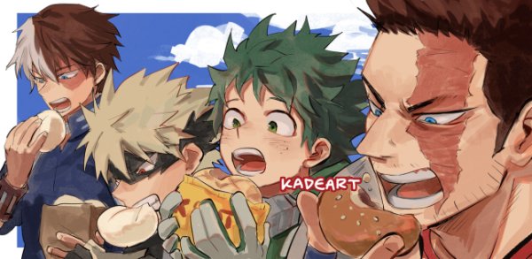 4boys artist_name bag bakugou_katsuki beard beard_stubble biting black_mask blonde_hair blue_eyes blush boku_no_hero_academia bread_bun burn_scar cloud commentary day eating endeavor_(boku_no_hero_academia) eye_mask facial_hair food_bite food_request freckles from_side gloves green_eyes green_gloves green_hair grey_eyes grey_gloves hand_up hands_up heterochromia high_collar holding holding_bag jpeg_artifacts kadeart lineup looking_at_food looking_down male_focus midoriya_izuku mismatched_eyebrows multicolored_hair multiple_boys mustache mustache_stubble open_mouth outside_border paper_bag profile red_eyes red_hair sanpaku scar scar_across_eye scar_on_face short_hair side-by-side sideburns sideways_mouth spiked_hair split-color_hair stubble todoroki_shouto two-tone_hair upper_body v-shaped_eyebrows white_hair wrist_guards