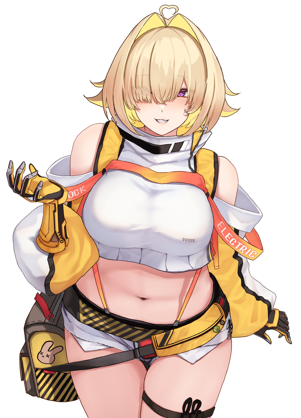 1girl ahoge bag bare_shoulders blonde_hair breasts clenched_teeth cowboy_shot elegg_(nikke) english_text exposed_pocket eyes_visible_through_hair gloves goddess_of_victory:_nikke grey_shorts hair_intakes hair_over_eyes highres large_breasts long_bangs long_sleeves looking_at_viewer medium_hair multicolored_clothes multicolored_gloves multicolored_hair navel open_hands parted_lips puffy_sleeves purple_eyes short_shorts shorts simple_background solo suspender_shorts suspenders teeth thick_thighs thigh_strap thighs two-tone_hair white_background yellow_gloves zipper zipper_pull_tab zundakun0123