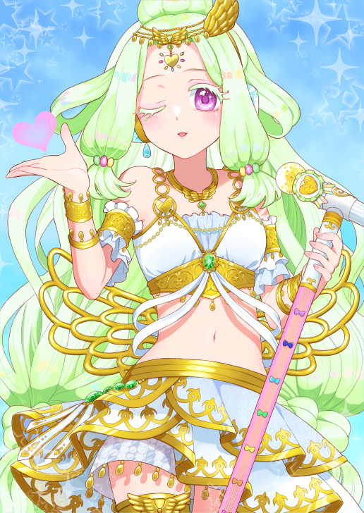 1girl armlet bare_shoulders blowing_kiss blue_background commission cowboy_shot cropped_shirt forehead_jewel gold_trim green_hair hands_up head_chain headphones heart holding holding_microphone jewelry jewlie_(pripara) jinno_(jin_c_kkry) layered_skirt long_hair looking_at_viewer low-tied_long_hair microphone microphone_stand navel necklace one_eye_closed open_mouth pretty_series pripara purple_eyes shirt skeb_commission skirt solo standing very_long_hair white_shirt white_skirt