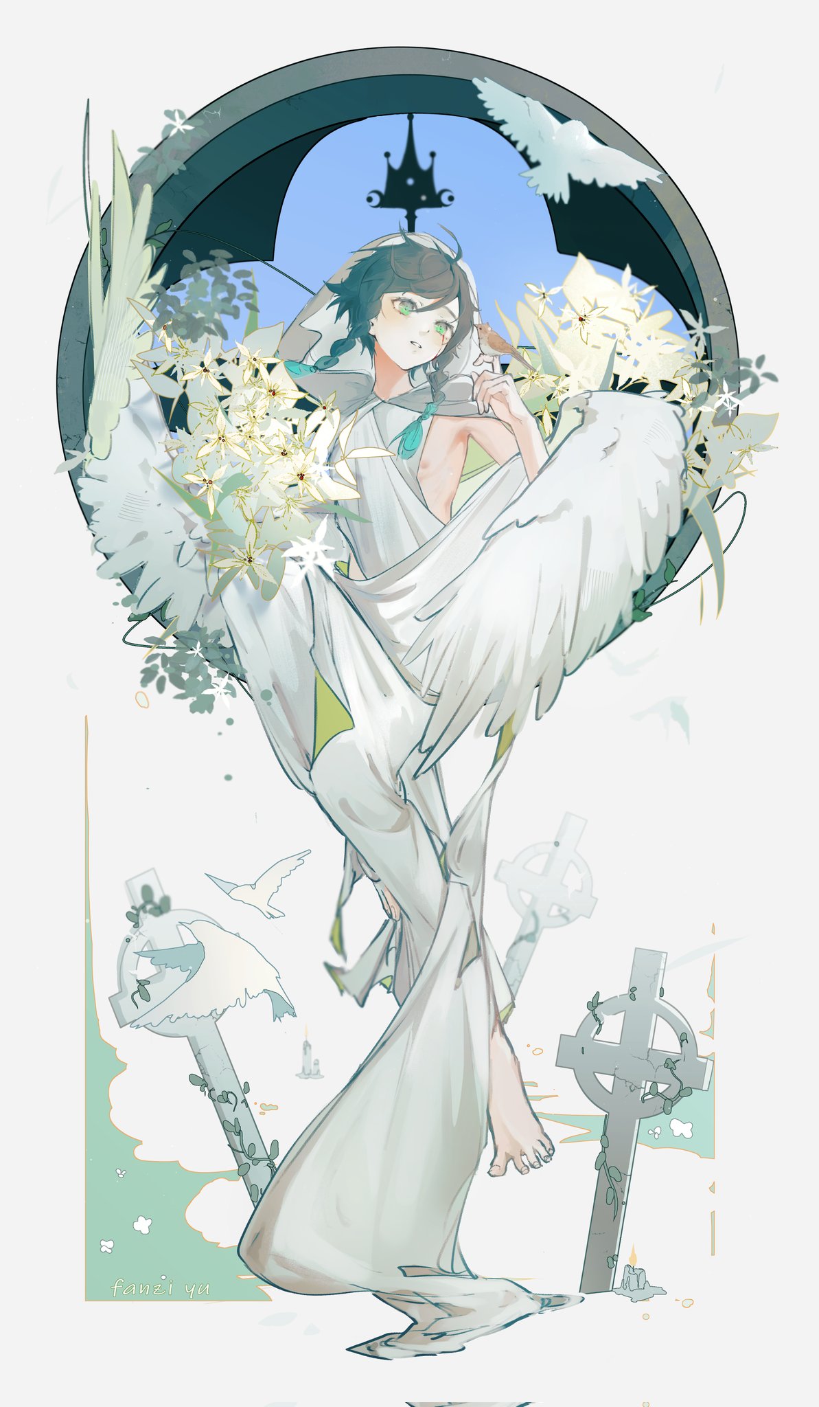 1boy angel_wings aqua_hair barefoot bird bird_on_hand black_hair braid dove efanziyu feathered_wings floating flower full_body genshin_impact highres nipples solo toga tombstone twin_braids venti_(genshin_impact) white_background white_bird white_flower white_wings wings