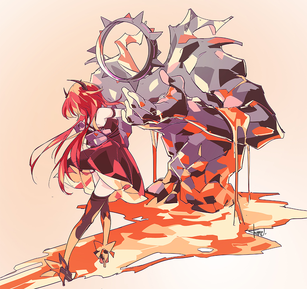 1girl arknights black_dress dancing demon_girl demon_horns dress horns korukun long_hair red_hair solo surtr's_golem_(arknights) surtr_(arknights)