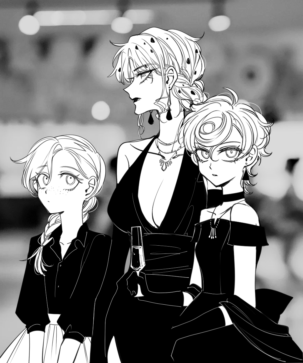 3girls bare_shoulders braid braided_ponytail breasts choker cleavage commentary_request diavolo dress earrings elbow_gloves genderswap genderswap_(mtf) gloves greyscale highres jewelry jojo_no_kimyou_na_bouken large_breasts monochrome mother_and_daughter multiple_girls multiple_necklaces off-shoulder_dress off_shoulder puffy_sleeves sempon_(doppio_note) short_hair single_braid skirt small_breasts spotted_hair stud_earrings trish_una vento_aureo vinegar_doppio