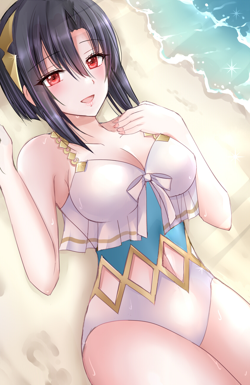 1girl :d alternate_costume bare_arms bare_shoulders beach black_hair breasts cleavage commentary_request fire_emblem fire_emblem_engage hand_on_own_hip hands_up highres kirishima_riona looking_at_viewer lying medium_breasts nel_(fire_emblem) on_back one-piece_swimsuit open_mouth red_eyes short_hair smile solo swimsuit water white_one-piece_swimsuit