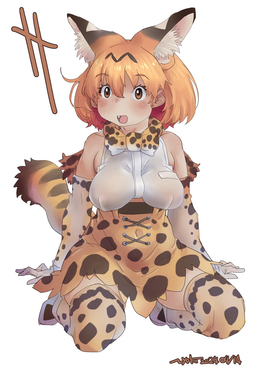 1girl animal_ears black_hair blonde_hair blush bow bowtie breasts elbow_gloves extra_ears fang gloves hanging_breasts highres kemono_friends kneeling large_breasts nyororiso_(muyaa) open_mouth print_bow print_bowtie serval_(kemono_friends) serval_print shirt short_hair skirt sleeveless sleeveless_shirt smile tail thighhighs