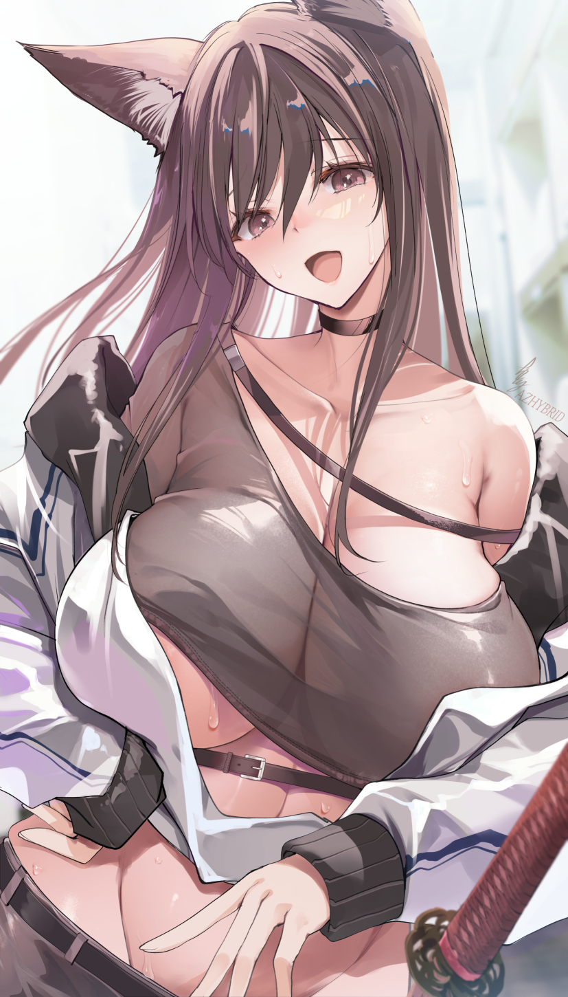1girl animal_ears armpit_crease belt black_choker blurry blurry_background breasts choker cleavage collarbone depth_of_field groin hand_on_own_hip highres huge_breasts jacket long_hair long_sleeves looking_at_viewer navel open_clothes open_jacket open_mouth original raised_eyebrows shiny_skin single_bare_shoulder smile solo sweat sword upper_body weapon won_(az_hybrid)