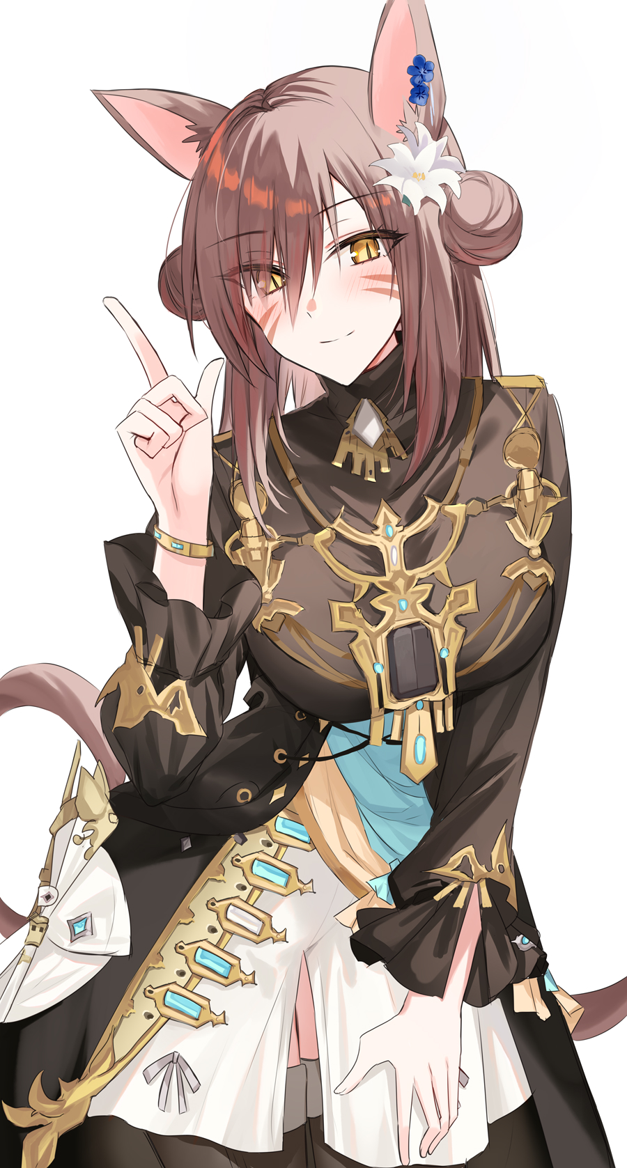 1girl animal_ear_fluff animal_ears black_dress black_thighhighs blue_flower blush breasts brown_eyes brown_hair cat_ears cat_girl cat_tail closed_mouth commentary_request double_bun dress facial_mark final_fantasy final_fantasy_xiv flower hair_bun hair_flower hair_ornament hair_over_one_eye hand_up highres index_finger_raised kinona long_sleeves looking_at_viewer medium_breasts miqo'te puffy_long_sleeves puffy_sleeves simple_background smile solo tail thighhighs warrior_of_light_(ff14) whisker_markings white_background white_flower