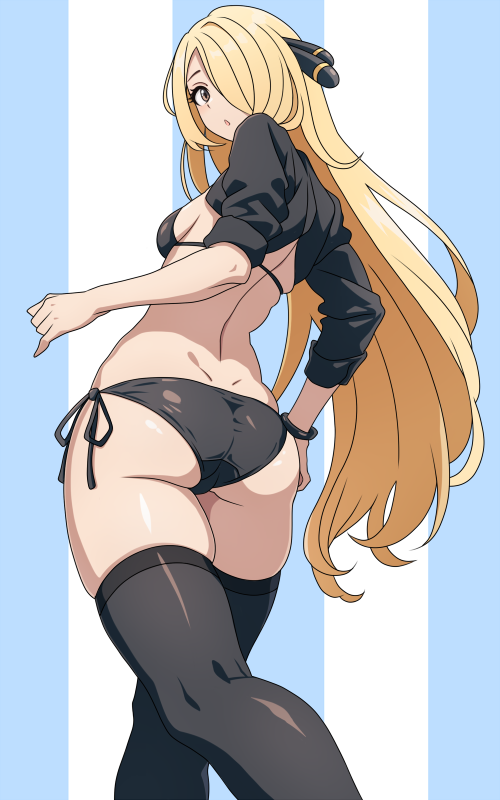1girl arms_at_sides asairosora ass back bikini black_bikini black_shrug black_thighhighs blonde_hair breasts brown_eyes cynthia_(pokemon) dimples_of_venus feet_out_of_frame highres long_hair looking_at_viewer looking_down median_furrow medium_breasts parted_lips pokemon shrug_(clothing) side-tie_bikini_bottom skindentation solo swimsuit thighhighs very_long_hair walking