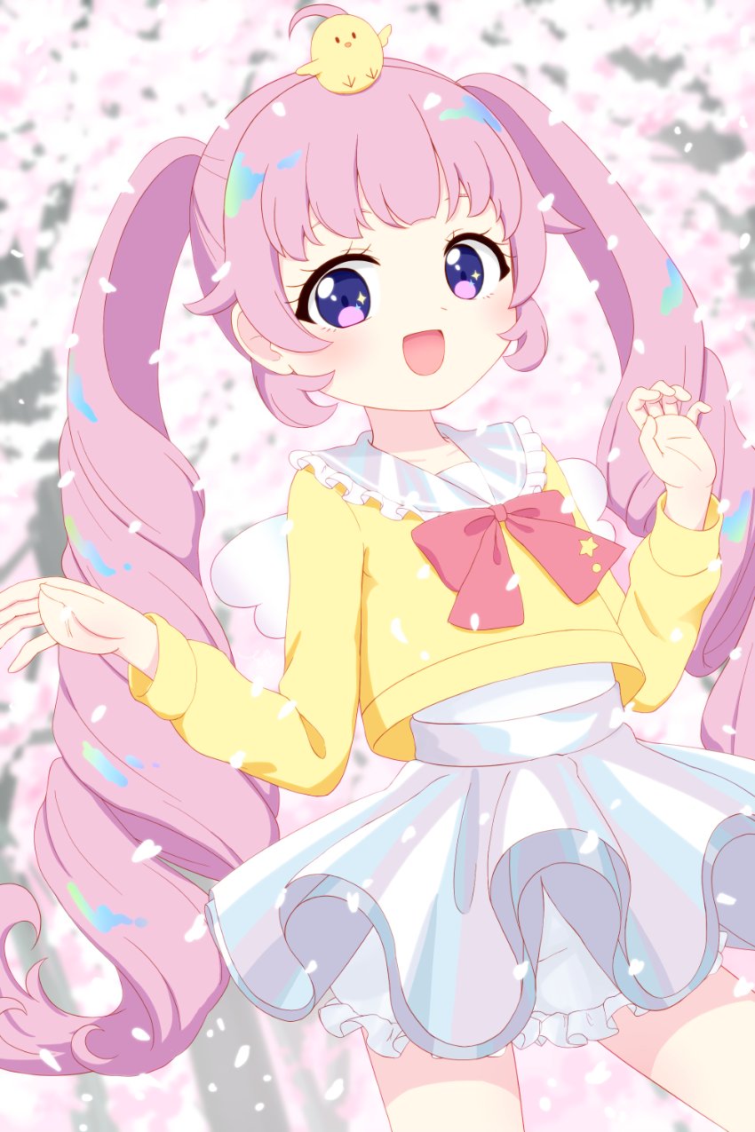 1girl :d ahoge animal_on_head aozora_himari bird bird_on_head bow cherry_blossoms chick commentary_request cowboy_shot drill_hair hands_up highres himitsu_no_aipri long_hair long_sleeves looking_at_viewer on_head open_mouth petals pink_hair pretty_series purple_eyes red_bow sailor_collar shirt skirt smile solo standing torayu twin_drills twintails very_long_hair white_skirt yellow_shirt
