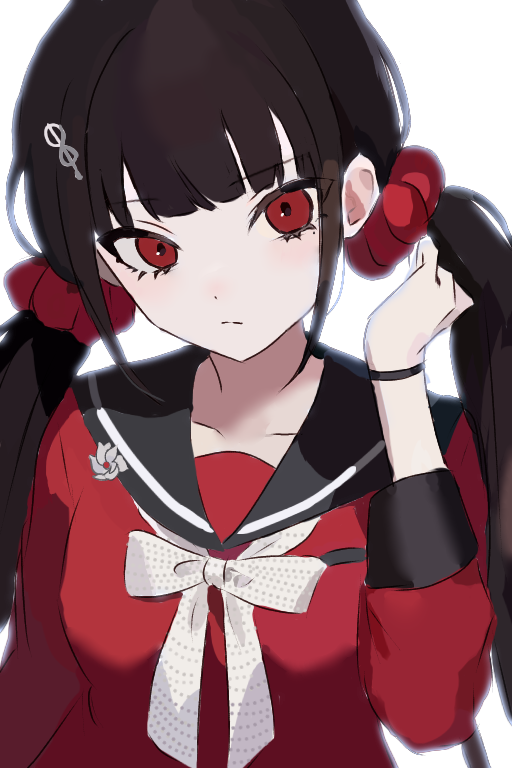 1girl black_sailor_collar bow bowtie danganronpa_(series) danganronpa_v3:_killing_harmony hair_ornament hair_scrunchie hairclip harukawa_maki light_frown long_sleeves low_twintails mole mole_under_eye na_na_(nagi1895685) red_eyes red_scrunchie red_shirt sailor_collar scrunchie shirt simple_background solo twintails upper_body white_background white_bow white_bowtie