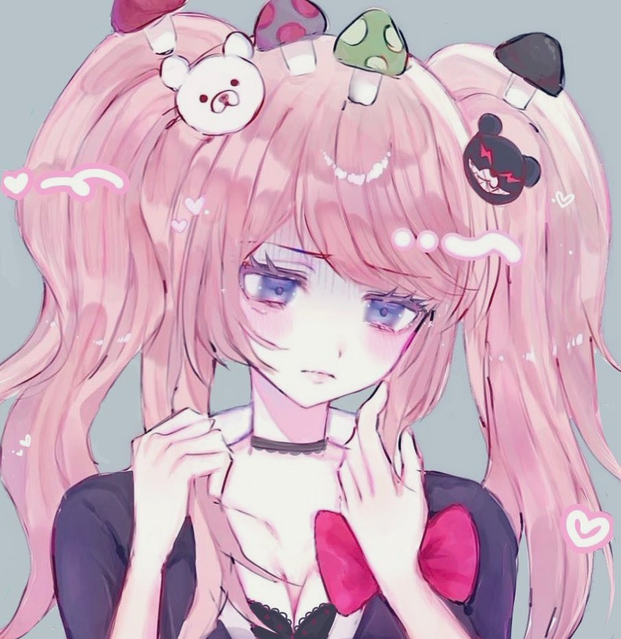 1girl bear_hair_ornament black_bra black_shirt blonde_hair blush bow bra breasts collarbone danganronpa:_trigger_happy_havoc danganronpa_(series) enoshima_junko frown green_eyes grey_background hair_ornament hands_up heart large_breasts mi_suri mushroom red_bow sad shirt simple_background solo twintails underwear