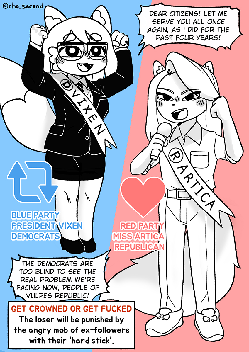 arctic_fox canid canine cho_second clothing duo election eyewear female fox glasses hi_res humanoid mammal politics short_stack suit true_fox