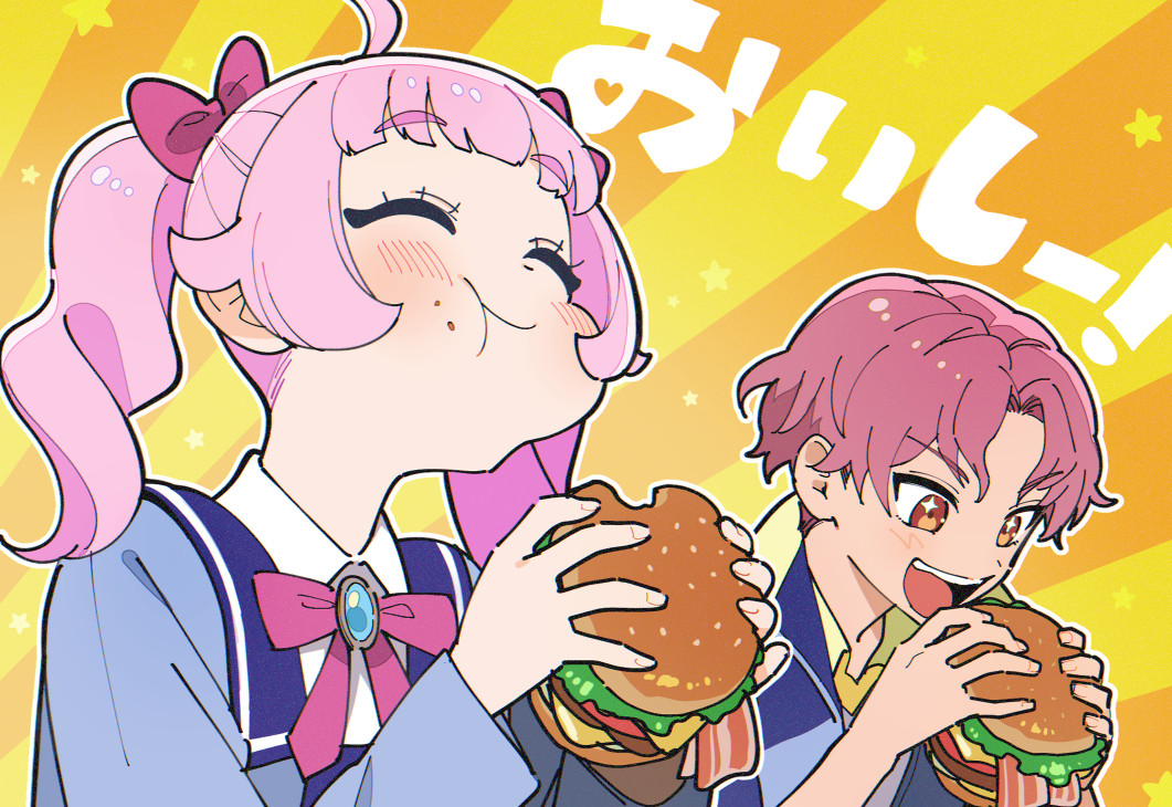 1boy 1girl ahoge aozora_himari aozora_hinata blue_jacket blunt_bangs bow brother_and_sister burger closed_eyes closed_mouth collared_shirt commentary_request eating food food_on_face hair_bow himitsu_no_aipri holding holding_food jacket long_sleeves neck_ribbon open_mouth oshiri_(o4ritarou) outline paradise_private_academy_school_uniform parted_bangs pink_bow pink_hair pink_ribbon pretty_series red_hair ribbon school_uniform shirt short_hair siblings smile translation_request twintails upper_body white_outline white_shirt yellow_background