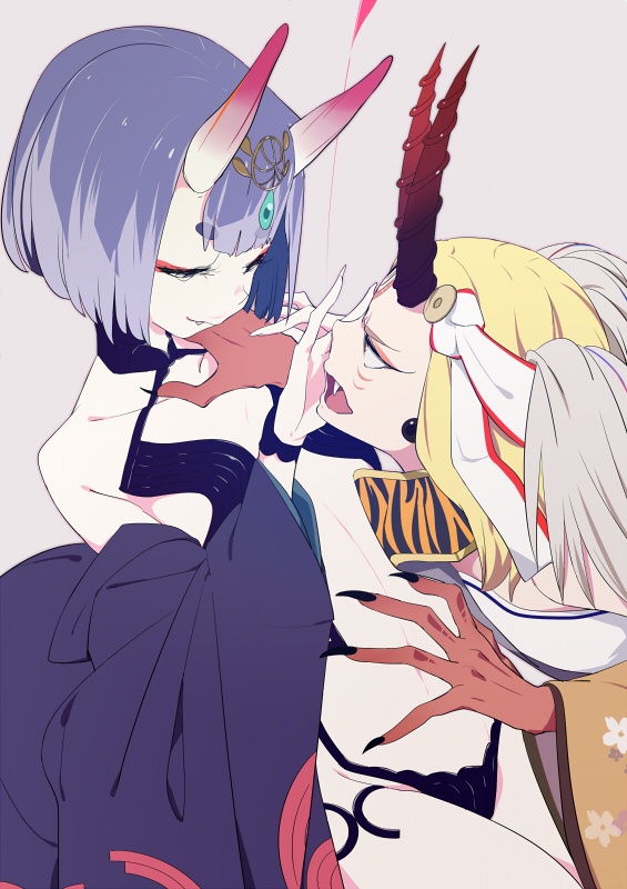 2girls animal_print blonde_hair blue_hair blue_kimono blue_wristband blunt_bangs bob_cut center-flap_bangs claws clothes_down commentary_request earrings eyelashes eyeshadow facial_mark fang fate/grand_order fate_(series) fingernails flat_chest grey_background groin hair_ornament hair_ribbon hand_on_another's_face hand_on_another's_hand hand_up hands_on_another's_neck hands_up horns ibaraki_douji_(fate) japanese_clothes jewelry kimono leaning_back linea_alba long_fingernails looking_at_another looking_down looking_up makeup medium_hair multiple_girls neck_grab oni open_clothes open_kimono open_mouth revealing_clothes ribbon short_eyebrows shuten_douji_(fate) skin-covered_horns sohin thick_eyebrows thighs tiger_print white_ribbon yellow_eyes