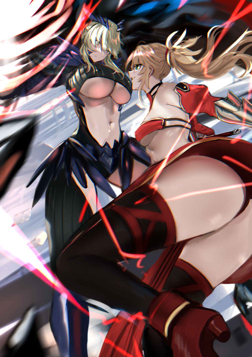 2girls armor artoria_pendragon_(fate) artoria_pendragon_(lancer_alter)_(fate) ass bandeau bare_shoulders black_bodysuit black_cape black_thighhighs blonde_hair bodysuit braid breasts cape center_opening detached_collar detached_sleeves fate/apocrypha fate/grand_order fate_(series) faulds french_braid gauntlets green_eyes hair_between_eyes highres horns jikihatiman large_breasts long_hair mordred_(fate) mordred_(fate/apocrypha) multiple_girls navel parted_bangs pauldrons pelvic_curtain ponytail revealing_clothes ribbed_bodysuit shoulder_armor sidelocks small_breasts thighhighs thighs underboob yellow_eyes