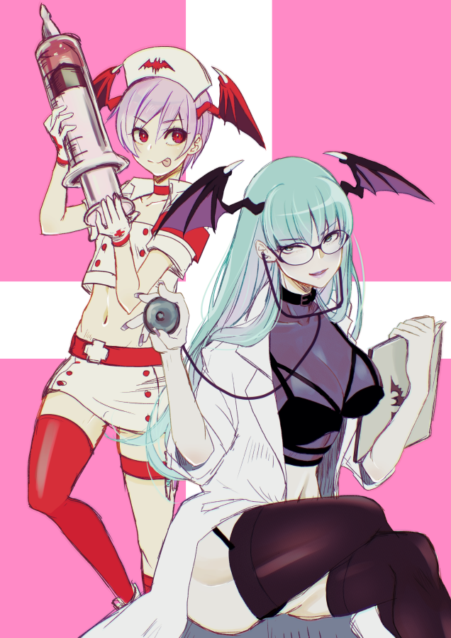 2girls animal_print bat_print black_thighhighs breasts buttons coat collarbone doctor garter_straps glasses gloves green_eyes green_hair hat head_wings holding holding_stethoscope holding_syringe large_syringe lilith_aensland looking_at_viewer morrigan_aensland multiple_girls nurse_cap open_clothes open_coat oversized_object pink_background purple_hair purple_nails red_eyes red_thighhighs rosie_rosie sitting stethoscope syringe thigh_strap thighhighs vampire_(game) white_coat white_gloves wings