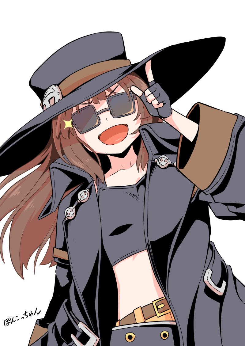 1girl black_gloves black_hat brown_hair coat cosplay cowboy_hat fingerless_gloves gloves guilty_gear guilty_gear_strive hat johnny_(guilty_gear) johnny_(guilty_gear)_(cosplay) long_hair long_sleeves looking_at_viewer may_(guilty_gear) open_clothes open_coat poncocchan smile sunglasses