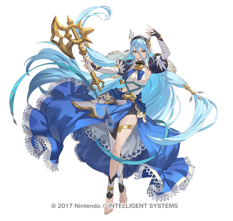 1girl asymmetrical_legwear axe azura_(fire_emblem) barefoot blue_hair dress elbow_gloves fake_horns fingerless_gloves fire_emblem fire_emblem_fates fire_emblem_heroes full_body gloves hair_between_eyes hairband horned_headwear horns jewelry juliet_sleeves long_hair long_sleeves official_art puffy_sleeves simple_background smile solo teffish veil very_long_hair white_veil yellow_eyes