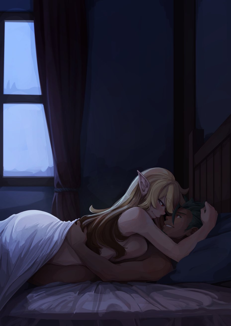 1boy 1girl bed_sheet blanket blonde_hair breast_press breasts brown_hair closed_mouth commentary commission dark-skinned_male dark_skin english_commentary eye_contact from_side girl_on_top green_hair hair_between_eyes hand_on_another's_back hand_on_another's_head highres indoors large_breasts long_hair looking_at_another lying multicolored_hair on_back on_bed original pillow pointy_ears rebby_(mr_december206) red_curtains red_eyes short_hair sidelocks sushoartworks two-tone_hair window