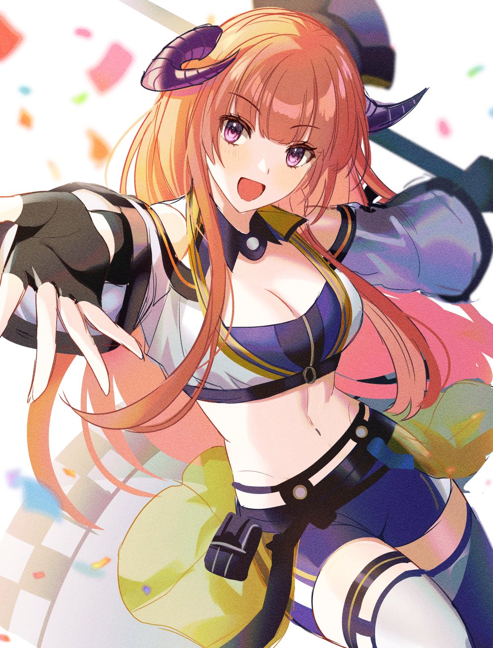 1girl :d arknights bagpipe_(arknights) bagpipe_(queen_no._1)_(arknights) black_gloves blue_shorts breasts cleavage commentary cowboy_shot crop_top fingerless_gloves gloves highres horns long_hair looking_at_viewer midriff navel nicole_(lion) official_alternate_costume open_mouth orange_hair purple_eyes short_shorts shorts smile solo standing stomach thighhighs thighs very_long_hair