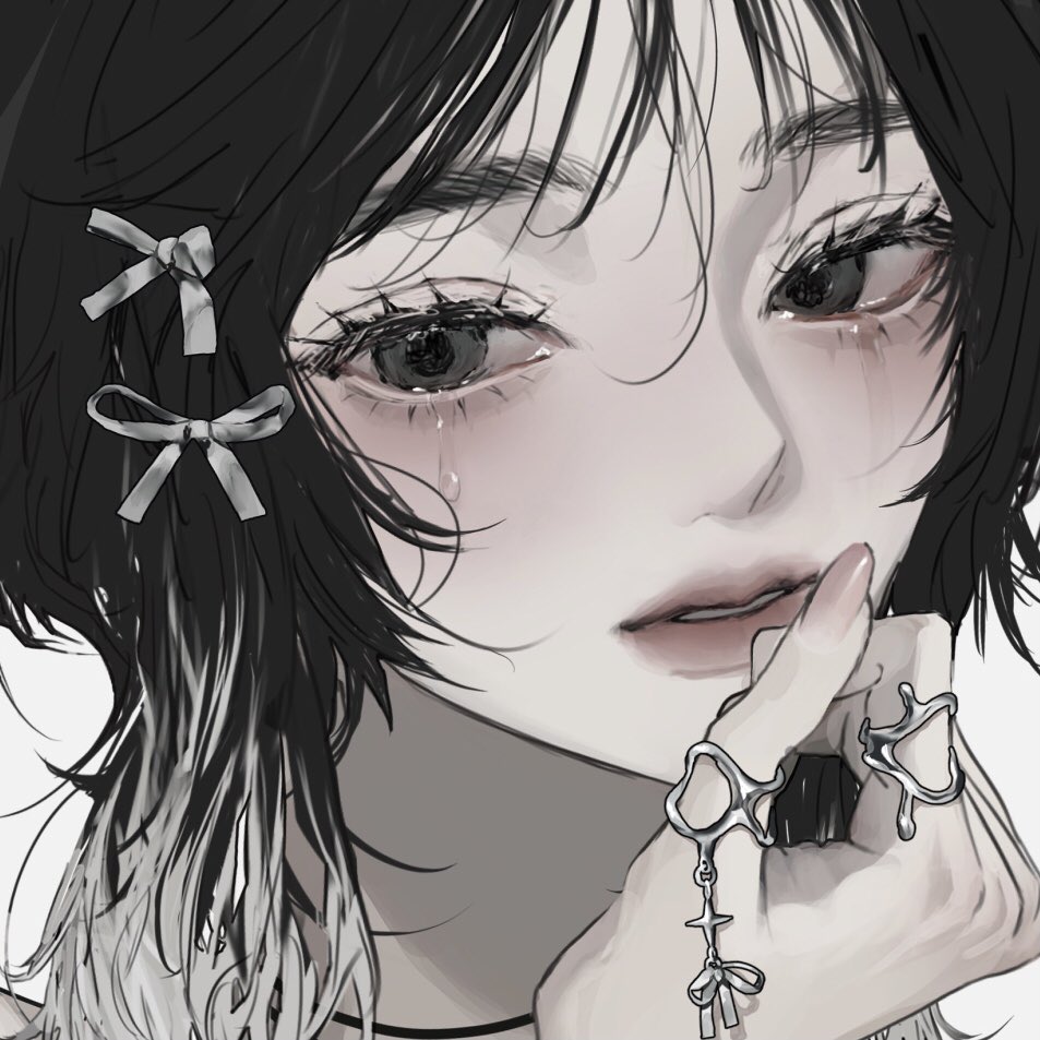 1girl black_hair colored_tips crying crying_with_eyes_open grey_eyes hair_ribbon hand_up jewelry kirochy looking_at_viewer multicolored_hair multiple_rings necklace original parted_lips portrait ribbon ring solo tears white_hair white_ribbon