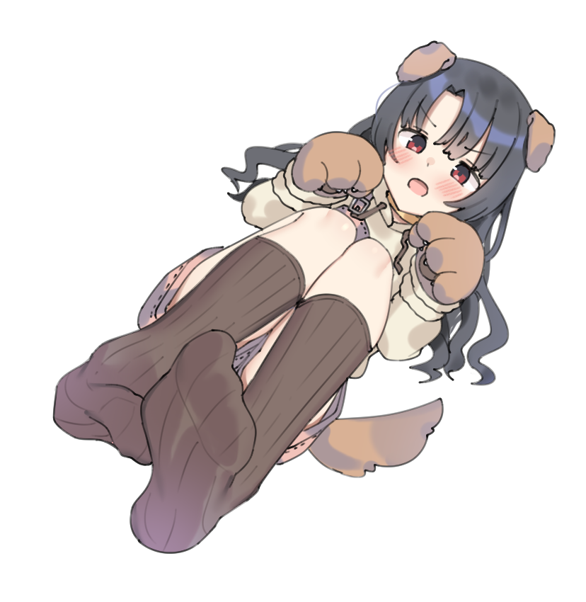 1girl aa211108 animal_ears animal_hands black_hair blush brown_socks dog_ears dog_tail dot_nose fake_animal_ears fake_tail forehead full_body gloves idolmaster idolmaster_million_live! idolmaster_million_live!_theater_days kneehighs long_hair long_sleeves looking_at_viewer lying official_alternate_costume on_back open_mouth parted_bangs paw_gloves paw_pose red_eyes sidelocks simple_background socks solo straight_hair suspenders tail takayama_sayoko v-shaped_eyebrows wavy_hair white_background