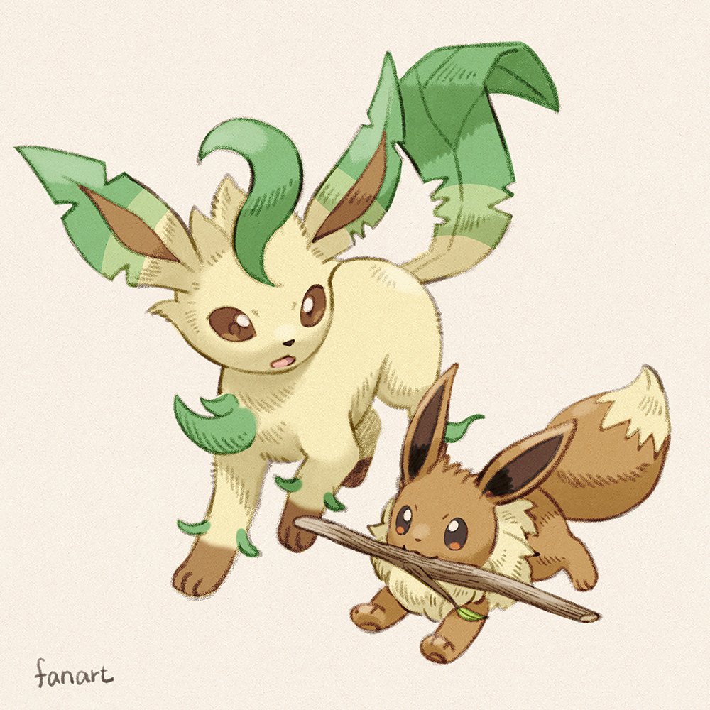 brown_eyes eevee english_text leaf leafeon looking_at_another matsuri_(matsuike) mouth_hold no_humans open_mouth pokemon pokemon_(creature) running simple_background smile stick white_background