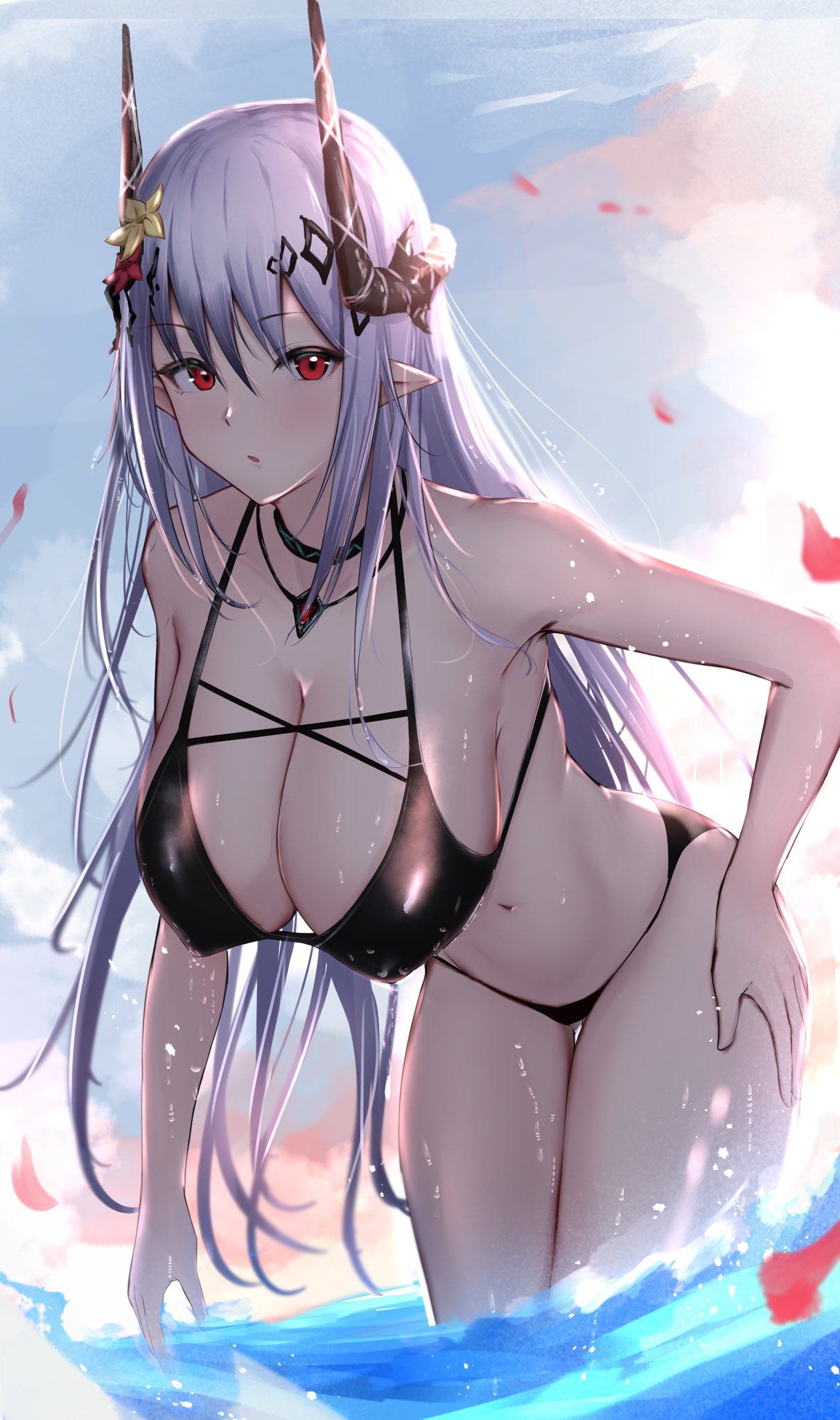 1girl arknights bikini black_bikini black_horns breasts cleavage closed_mouth cloud cloudy_sky commentary_request criss-cross_halter demon_girl demon_horns falling_petals flower grey_hair hair_flower hair_ornament halterneck highres horns large_breasts leaning_forward long_hair looking_at_viewer mudrock_(arknights) mudrock_(silent_night)_(arknights) multi-strapped_bikini_top multicolored_sky navel ocean petals pointy_ears poni_(poni_arknights) red_eyes red_petals sky solo swimsuit wading wet yellow_flower