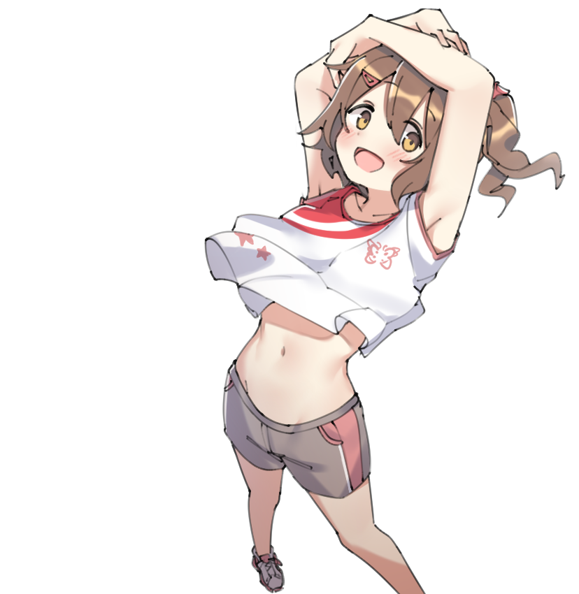 1girl :d aa211108 armpits arms_on_head blush breasts brown_hair clothes_lift collarbone dot_nose feet_out_of_frame from_above full_body groin hair_between_eyes hair_ornament hairpin idolmaster idolmaster_million_live! idolmaster_million_live!_theater_days kasuga_mirai looking_at_viewer medium_hair navel official_alternate_costume open_mouth shirt_lift shoes shorts side_ponytail sidelocks simple_background small_breasts smile sneakers solo two-tone_shirt white_background wind wind_lift yellow_eyes